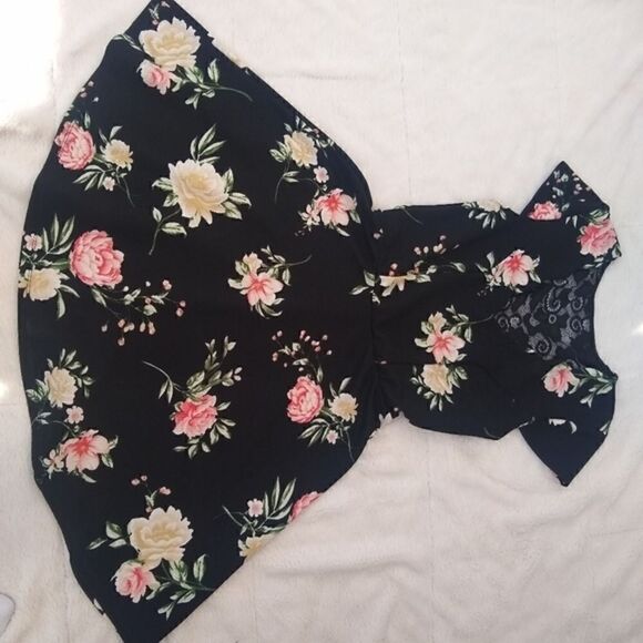 3 Pink Hearts xs black and floral dress spring mini dress summer vneck lace back - Picture 3 of 8